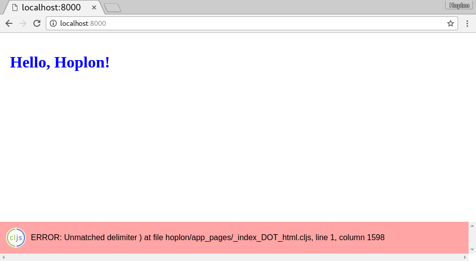 Screenshot with a cljs error message