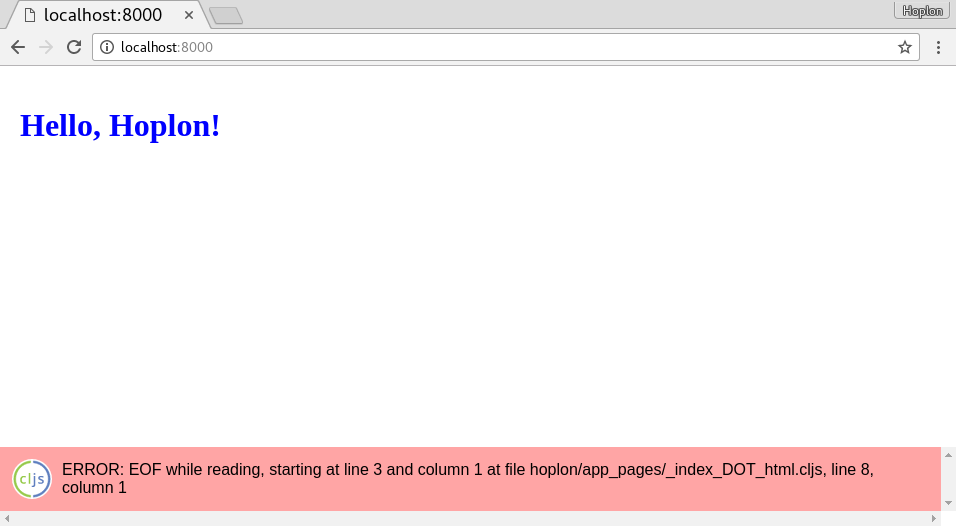 Screenshot with a cljs error message